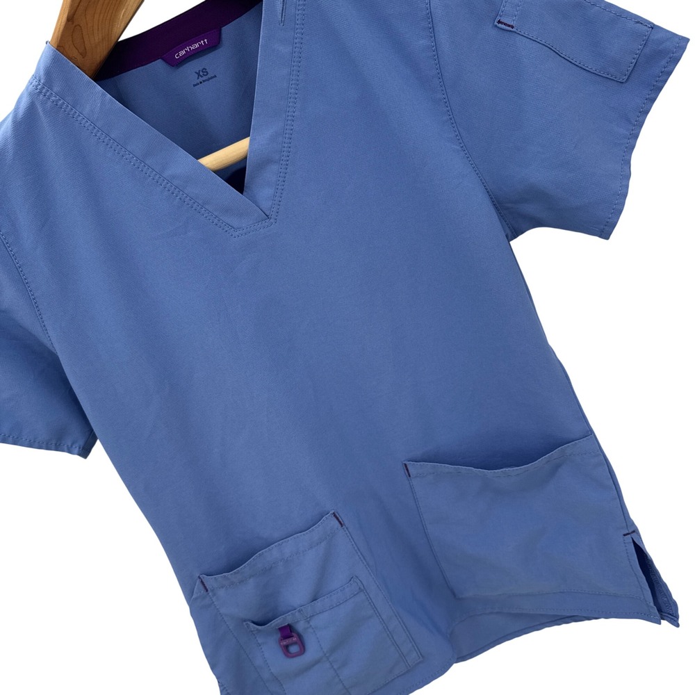Carhartt Force Women XS Blue V-Neck Scrub Top Medical Uniform Pockets C12410